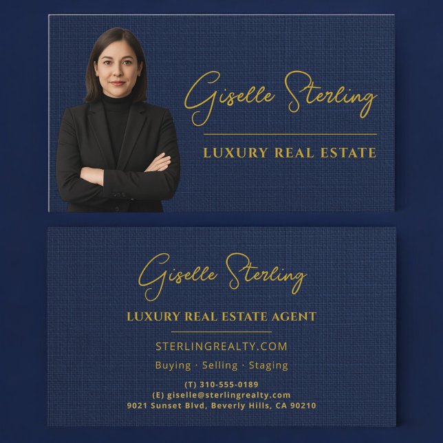 Tarjeta De Visita Luxury Real Estate Navy Blue Gold Linen (Subido por el creador)