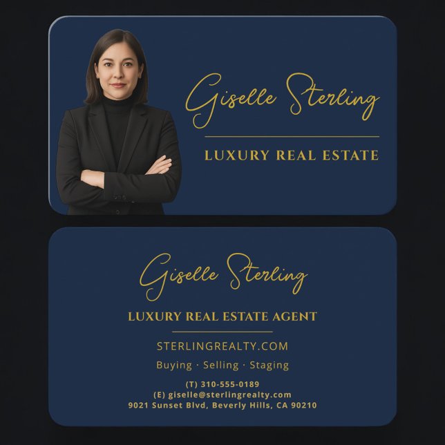 Tarjeta De Visita Luxury Real Estate Navy Blue Gold Script  (Subido por el creador)
