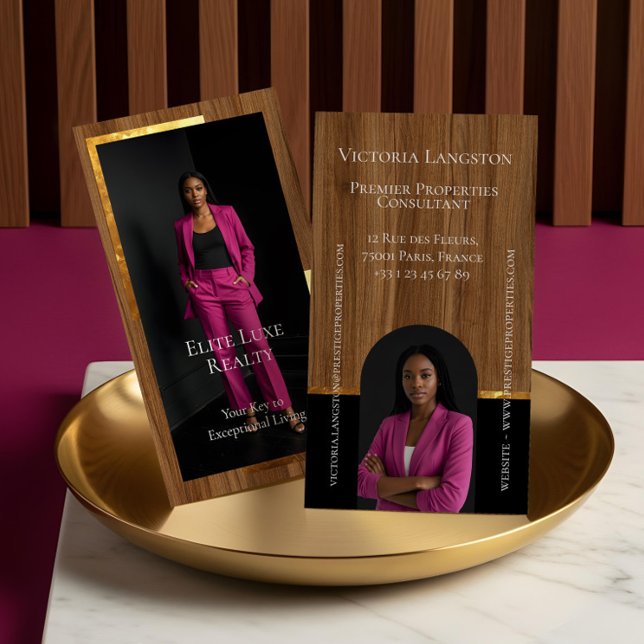 Tarjeta De Visita Luxury Real Estate Woodgrain & Gold Arch Photo (Luxury Real Estate Woodgrain & Gold Arch Photo Business Card)