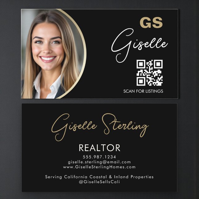 Tarjeta De Visita Luxury Realtor QR Code Black Gold Photo  (Subido por el creador)