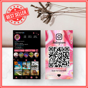 Tarjeta De Visita LUXURY Rosa y Negro Instagram Mármol Ágata QR