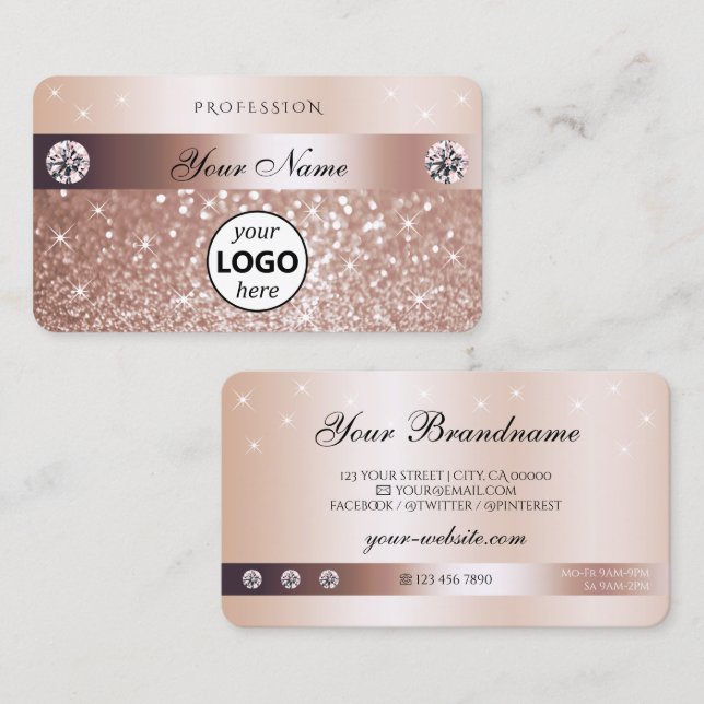 Tarjeta De Visita Luxury Rose Gold Glitter Sparkling Stars with Logo (Anverso / Reverso)