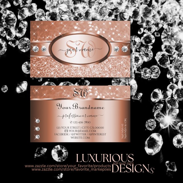 Tarjeta De Visita Luxury Rose Gold Glitter Stars Diamonds Monogram (Subido por el creador)