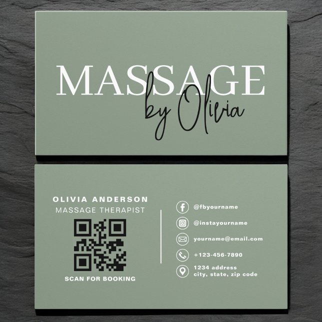 Tarjeta De Visita Luxury Sage Green Massage Therapist QR Code  (Subido por el creador)