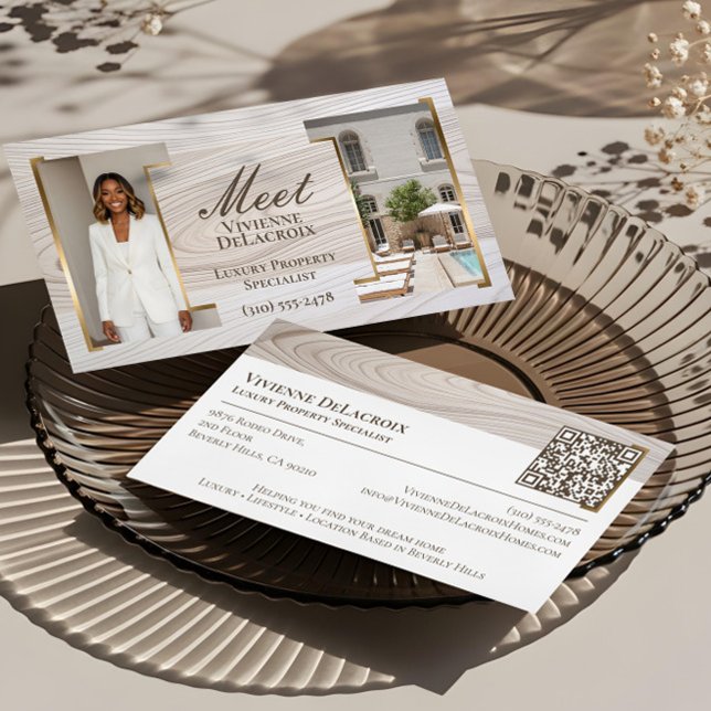 Tarjeta De Visita Luxury Script Real Estate Agent Professional Photo (Luxury Wood Professional Photo Collage Elegant Business Card)