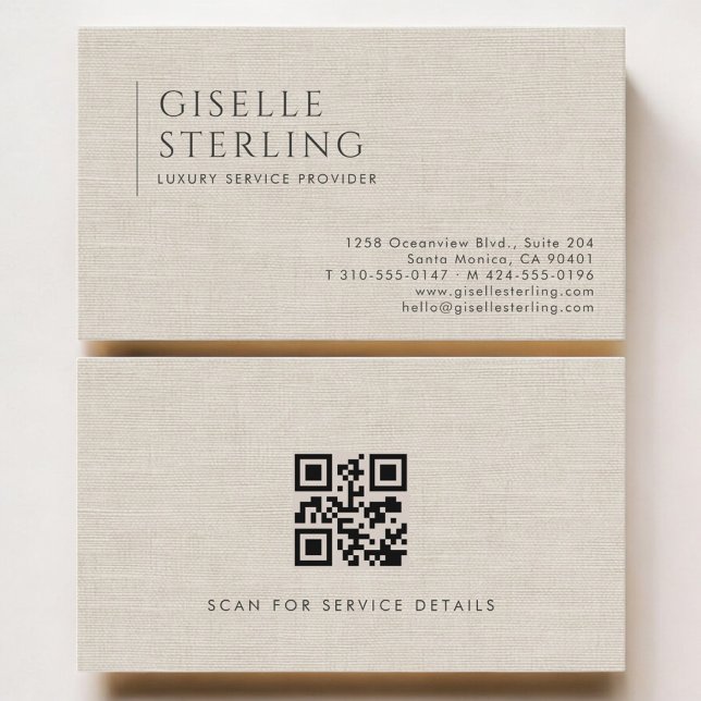 Tarjeta De Visita Luxury Service Provider Neutral Linen QR Code (Subido por el creador)