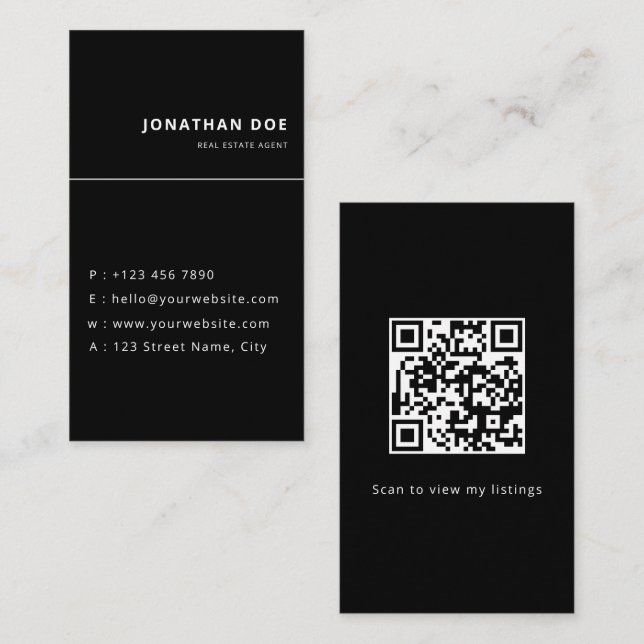 Tarjeta De Visita Luxury Vertical Black QR Code Realtor  (Anverso / Reverso)