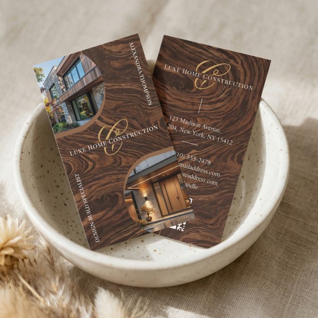 Tarjeta De Visita Luxury Woodgrain Monogram Home Contractor Photo (Luxury Woodgrain Monogram Home Contractor Photo Business Card)