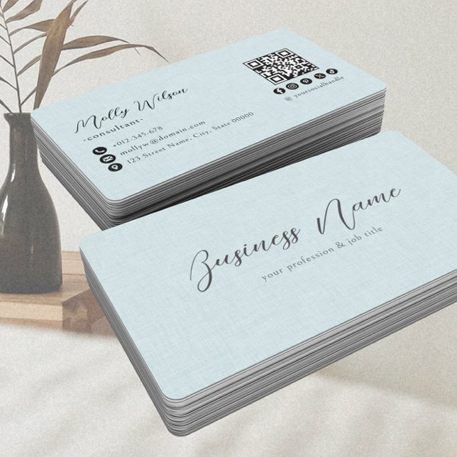 Tarjeta De Visita Luz azul Faux Linen QR Código Medios sociales (Subido por el creador)