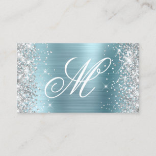 Tarjeta De Visita Luz Brillante Plateada Azul Claro Monograma Elegan