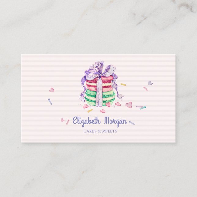 Tarjeta De Visita Macarons Elegantes Adorables, Dulces, Rayados (Anverso)