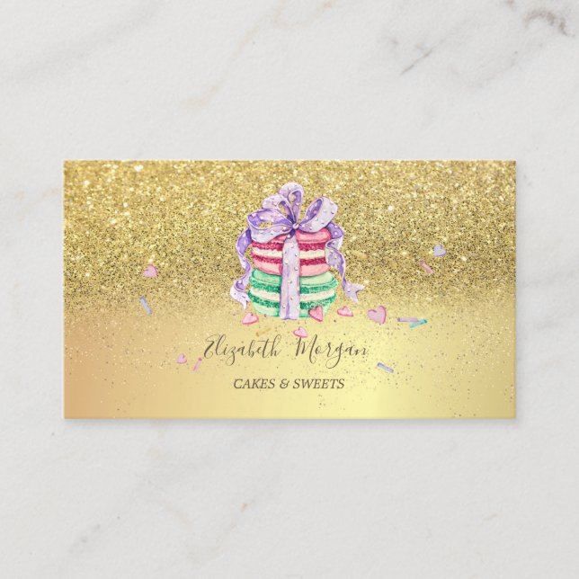 Tarjeta De Visita Macarons Elegantes con Brillo Dorado (Anverso)