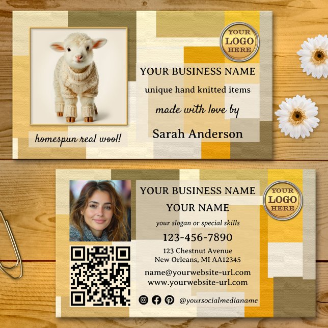 Tarjeta De Visita Made with Love Wool Knitting Crafts (Home made with love business card featuring a colorful design with custom photos and QR code)