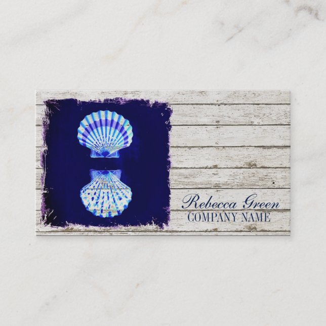 Tarjeta De Visita madera blanqueada costera conchas marinas azul náu (Anverso)