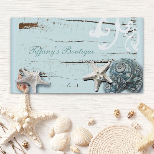 Tarjeta De Visita Madera de grano costero de agua marejadas estofada (Coastal barn wood aqua blue starfish seashells business card)