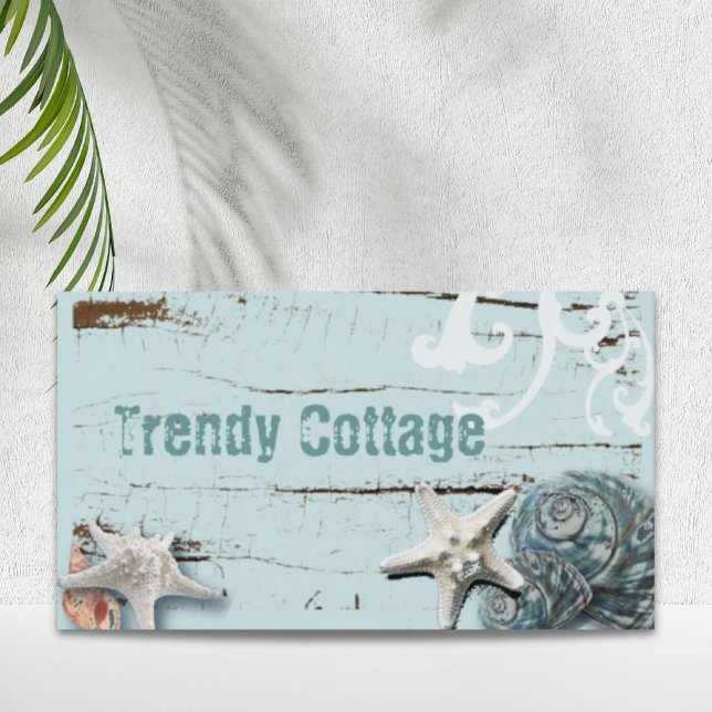 Tarjeta De Visita Madera de grano costero de agua marejadas estofada (Coastal barn wood aqua blue starfish seashells business card)