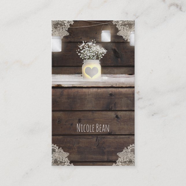 Tarjeta De Visita Madera de grano rústico, encaje y mason Jars South (Anverso)