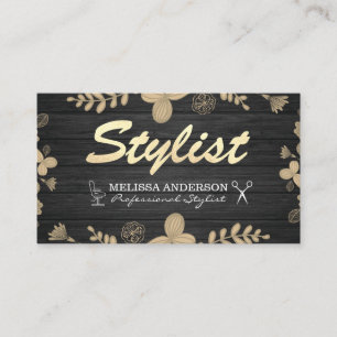 Tarjeta De Visita Madera estilista purpurina y patrón floral