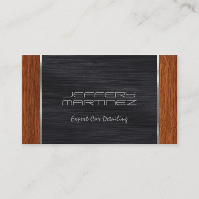 Tarjeta De Visita Madera marrón elegante, negro metálico y plata (Anverso)