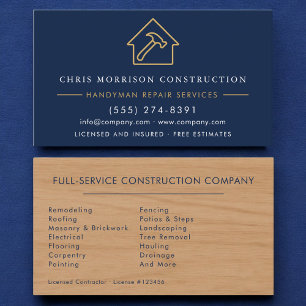 Tarjeta De Visita Madera Moderna Manitas Azul Marino Oro Construcció
