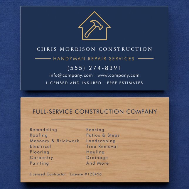 Tarjeta De Visita Madera Moderna Manitas Azul Marino Oro Construcció (Subido por el creador)