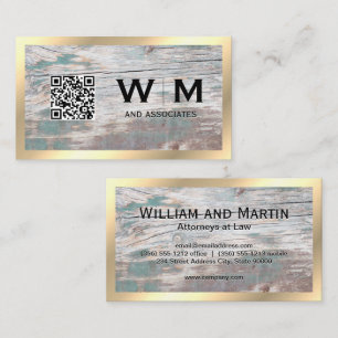 Tarjeta De Visita Madera   Monograma de borde dorado   Código QR