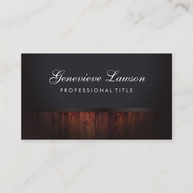 Tarjeta De Visita Madera rústica de cuero negro y texto elegante (Anverso)