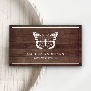 Tarjeta De Visita Madera Rústica de Granero Mariposa Blanca Elegante