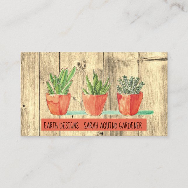 Tarjeta De Visita Madera y plantas de madera rústica de jardín (Anverso)