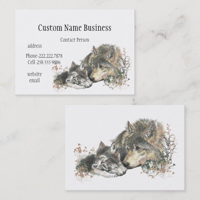 Tarjeta De Visita Madre acuarela o lobo padre con cachorros (Anverso / Reverso)
