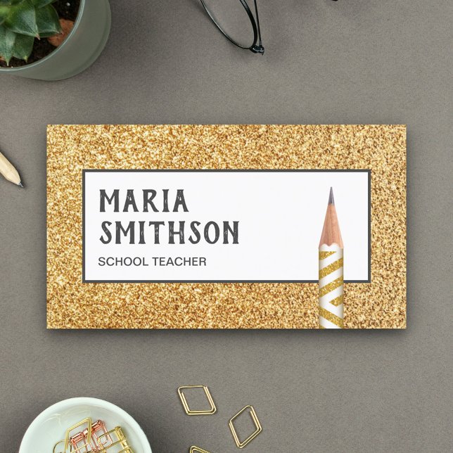 Tarjeta De Visita Maestra de la Escuela de Lápiz Faux Gold Purpurina (Subido por el creador)