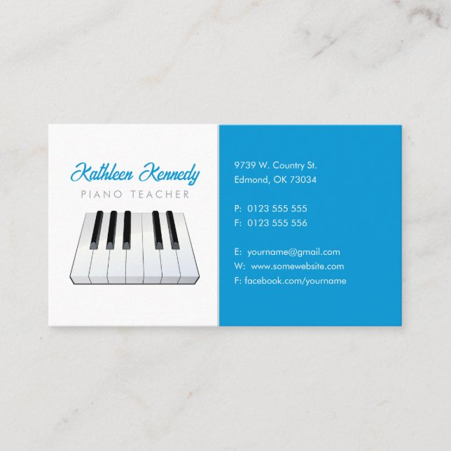 Tarjeta De Visita Maestra de Música | Claves de piano blanco negro (Anverso)