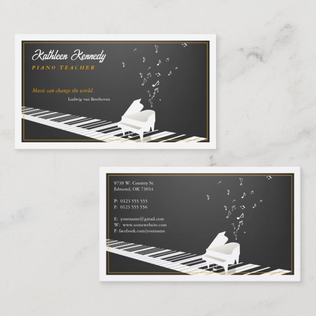 Tarjeta De Visita Maestra de Música | Claves de piano blanco negro (Anverso / Reverso)