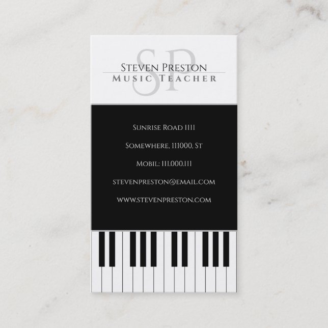 Tarjeta De Visita Maestra de Música | Claves de piano blanco negro (Anverso)
