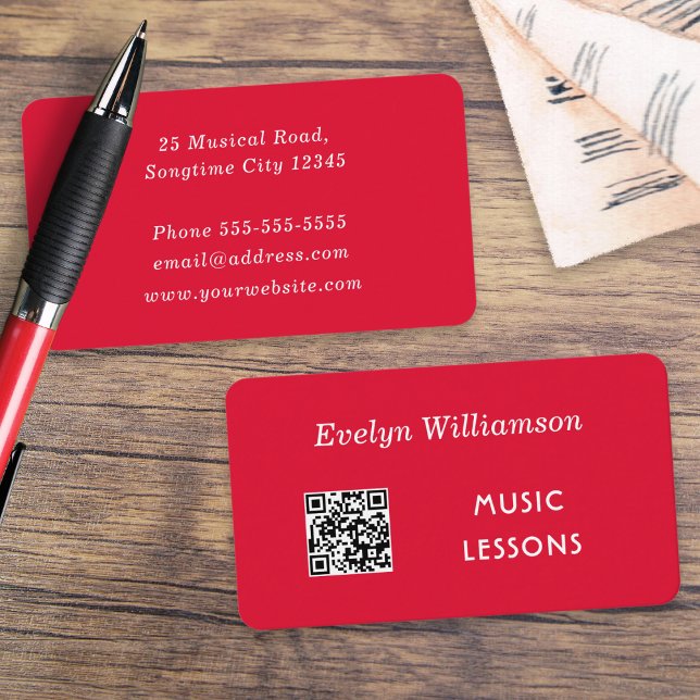 Tarjeta De Visita Maestra de Música Personalizada Blanco Rojo Minima (A stylish red business card with QR code, for a music teacher, to personalize with your details)