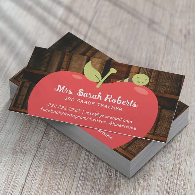 Tarjeta De Visita Maestra Tutor Cute estantería de Apple y Worm Vint (Subido por el creador)