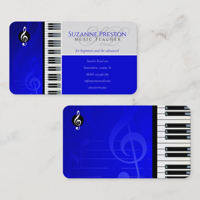 Tarjeta De Visita Maestría de Música | Claves de piano azul (Anverso / Reverso)