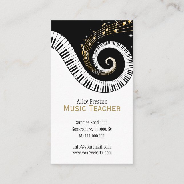 Tarjeta De Visita Maestría de Música | Elegante Piano Blanco De Aluc (Anverso)