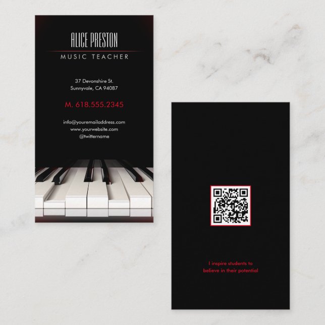 Tarjeta De Visita Maestría de Música | Piano blanco negro (Anverso / Reverso)