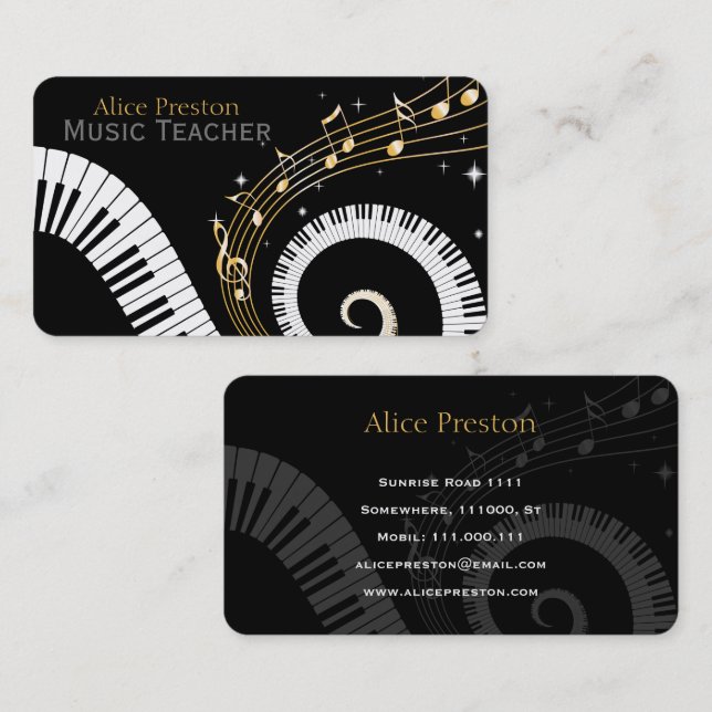 Tarjeta De Visita Maestría de Música | Piano espiral (Anverso / Reverso)