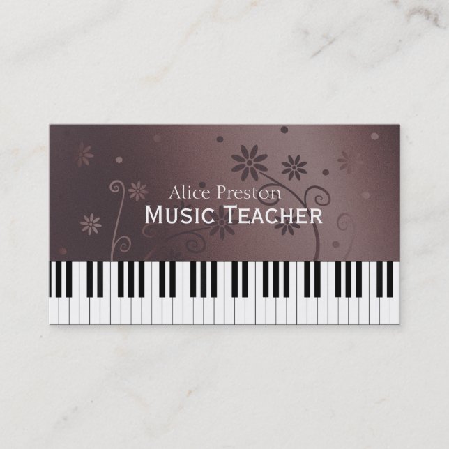 Tarjeta De Visita Maestría de Música | Piano floral de bronce (Anverso)