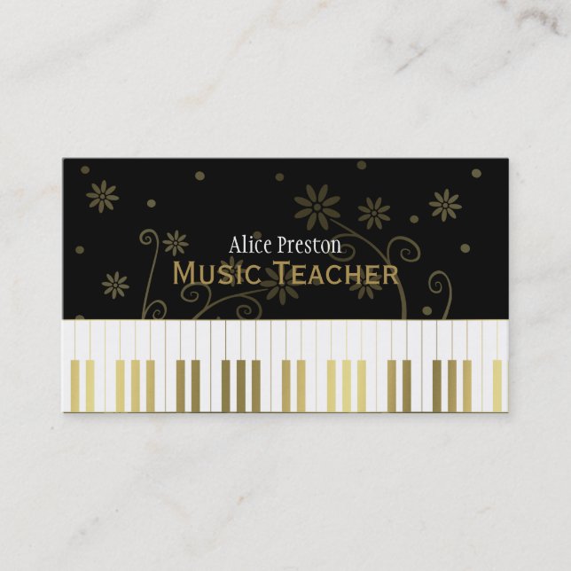 Tarjeta De Visita Maestría de Música | Piano floral negro dorado (Anverso)