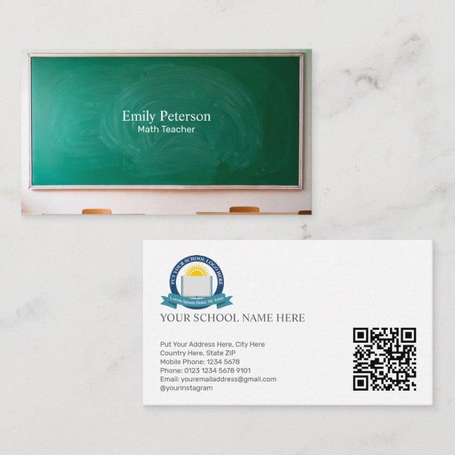 Tarjeta De Visita Maestría en escuelas de Chalkboard Verde con códig (Anverso / Reverso)