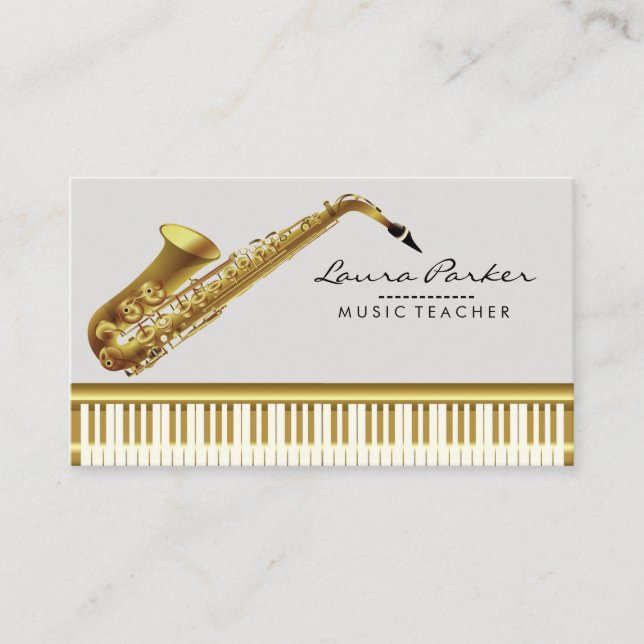 Tarjeta De Visita Maestro de música piano teclado músico saxofón (Anverso)
