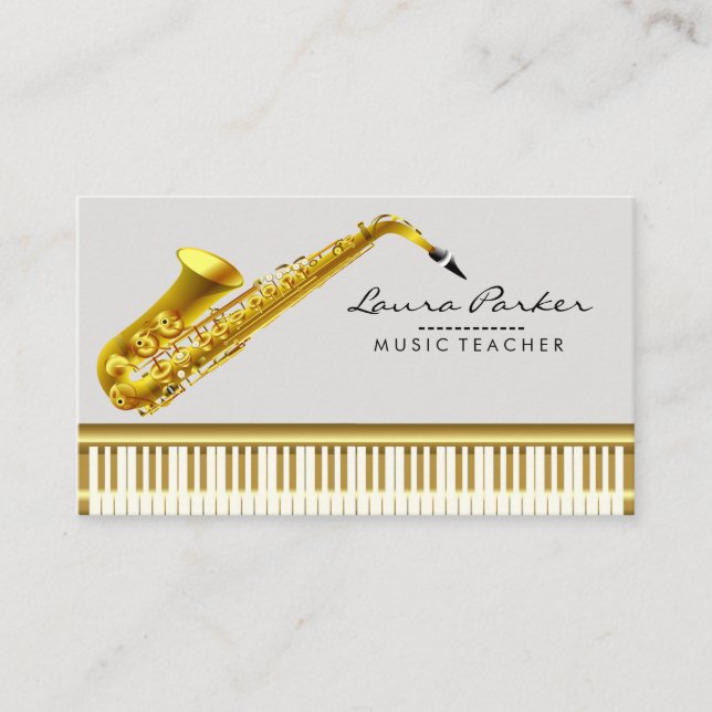 Tarjeta De Visita Maestro de música piano teclado músico saxofón (Anverso)