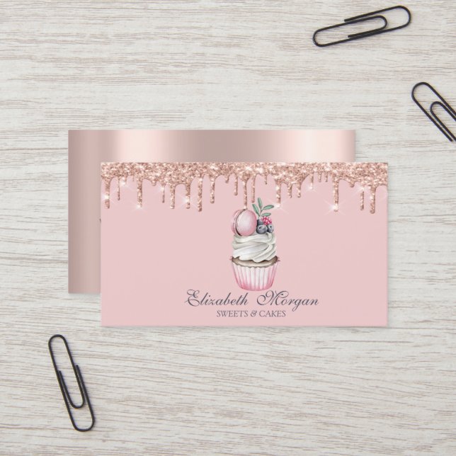 Tarjeta De Visita Magdalenas Gourmet Macaroon Drips Rosa Dorado (Anverso/Reverso In Situ)