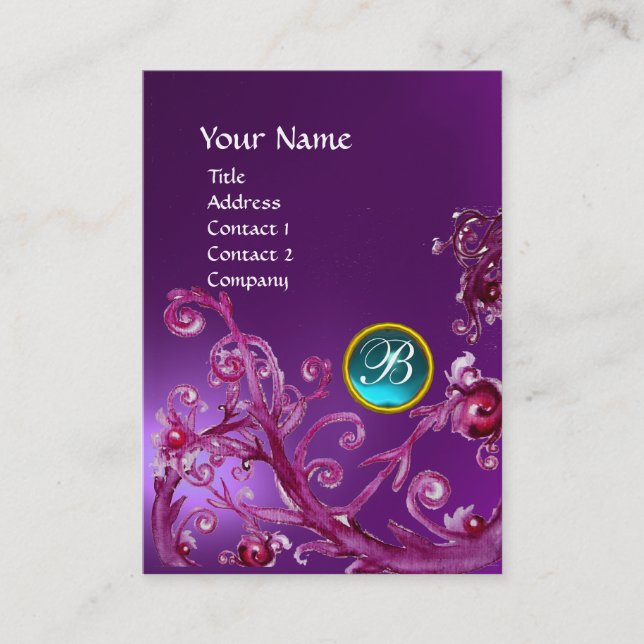 Tarjeta De Visita MAGIC BERRIES AZUL GEM MONOGRAM amethyst morado (Anverso)