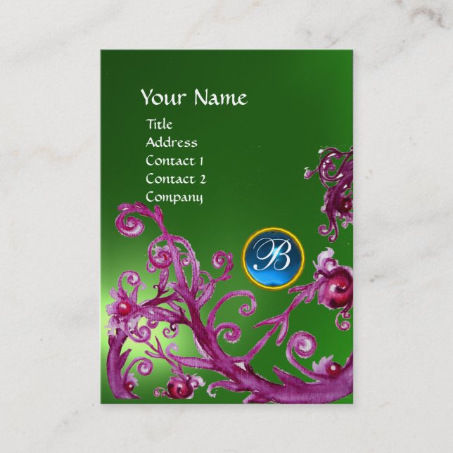 Tarjeta De Visita MAGIC BERRIES MONOGRAM GEM azul esmeralda verde (Anverso)