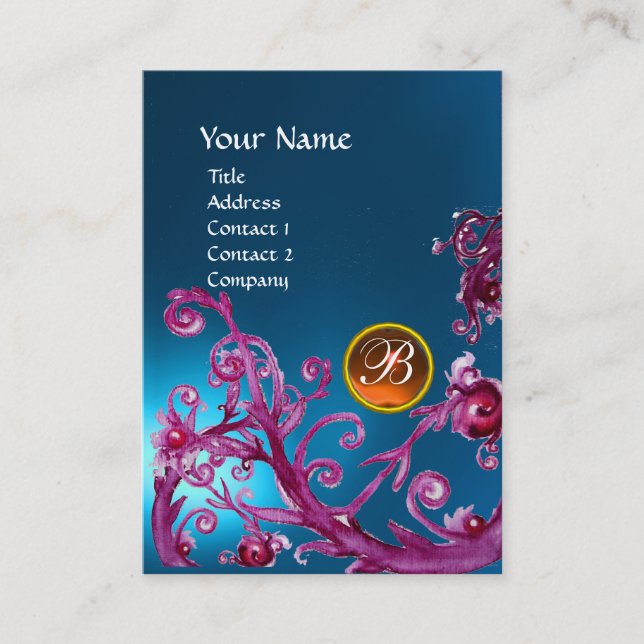 Tarjeta De Visita MAGIC BERRIES MONOGRAM GEM zafiro naranja azul (Anverso)