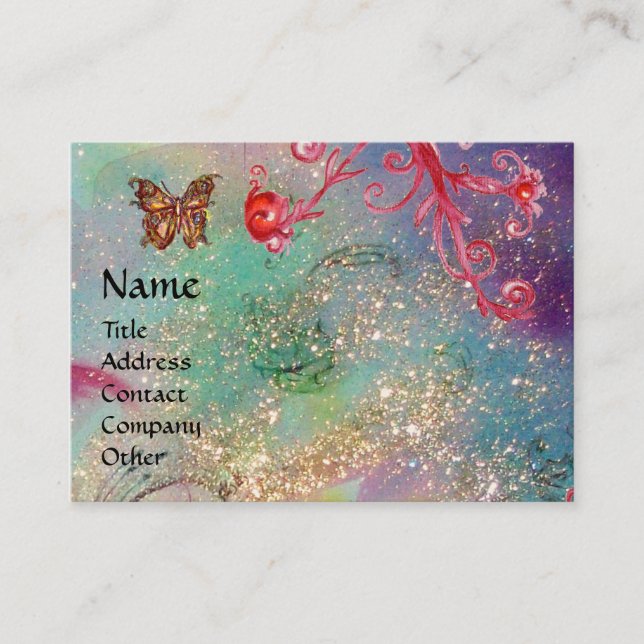 Tarjeta De Visita MAGIC BUTTERFLY azul verde dorado chispas (Anverso)